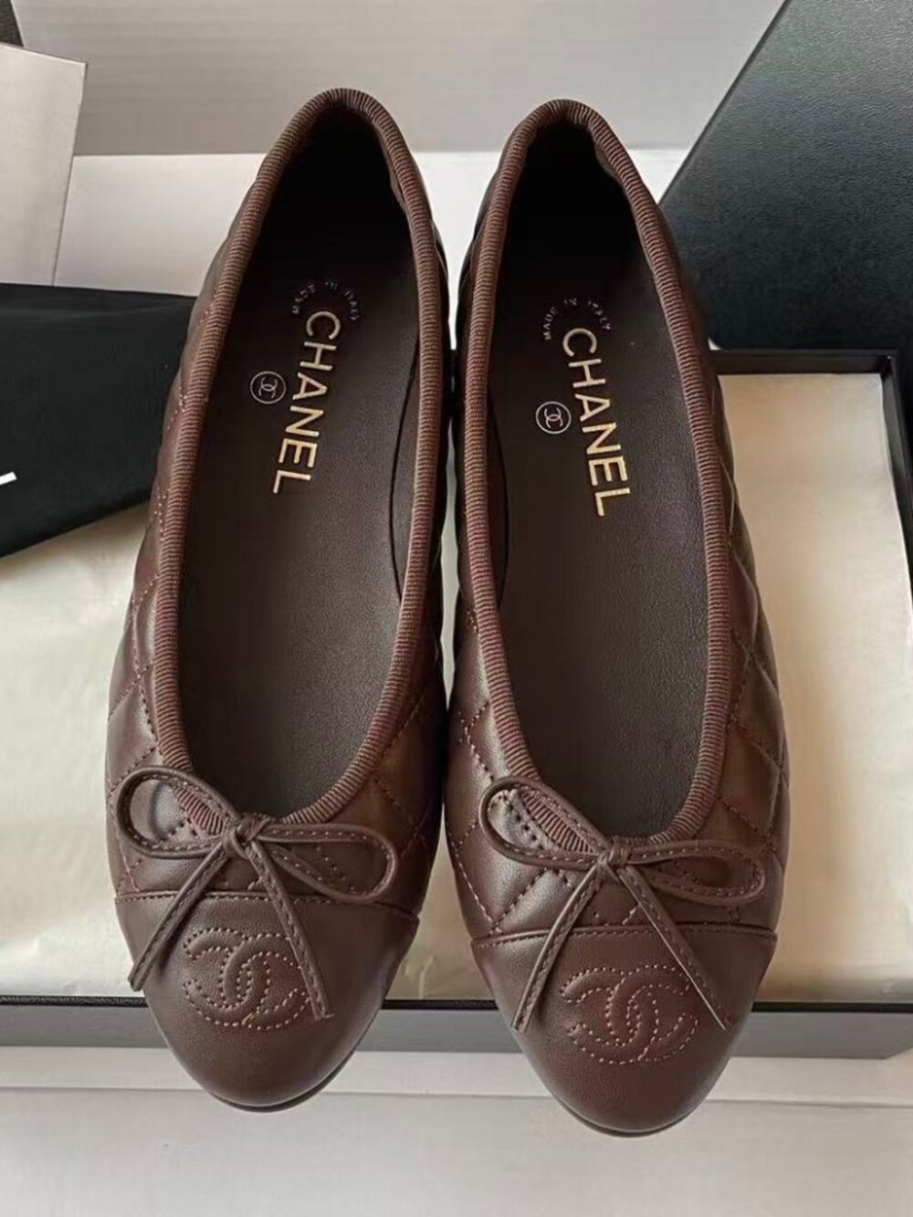 Chanel Brown Quilted Leather Ballet Flats